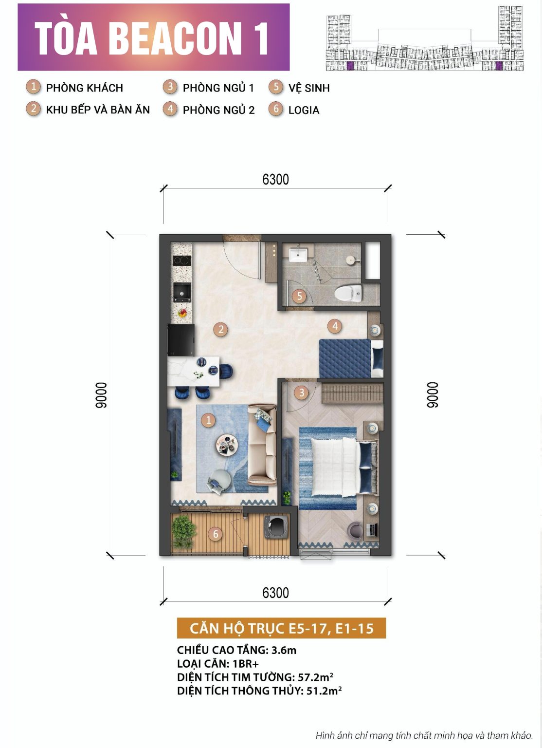 Layout căn hộ 1PN+ Beacon 1